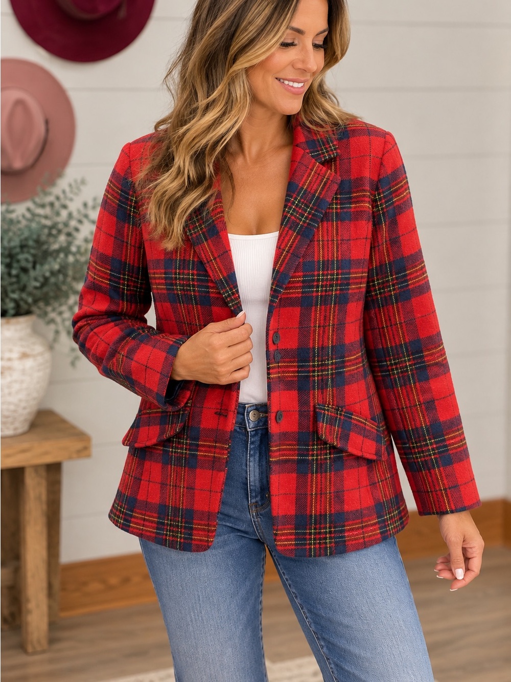 Pendleton Red Tartan Plaid Wool Blazer